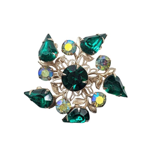 Unbranded Jewelry - Vintage Emerald Green Rhinestone Brooch Aurora Borealis Crystal Pin Sliver Tone